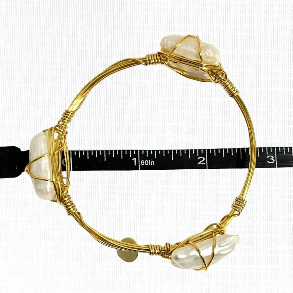 Wire Caged Chunky Pearl Bangle Bracelet Gold Tone Coastal Beach Handcrafted Art